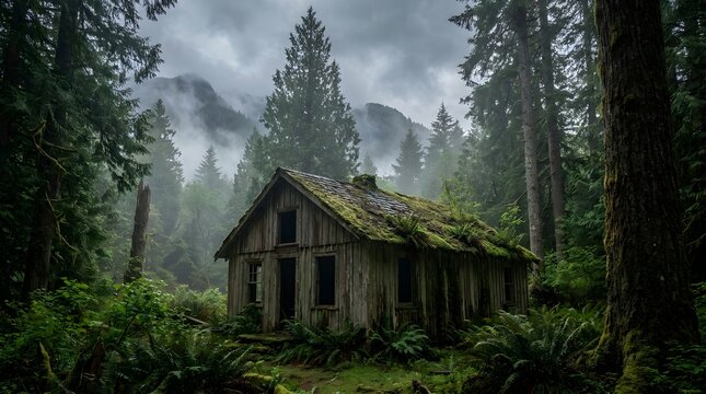 Abandoned wooden cabin in a foggy, dense forest with mountains