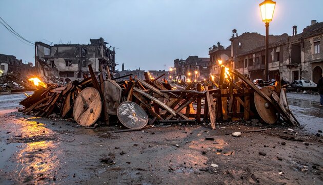 Smashed Barricade Amidst Urban Destruction and Fires
