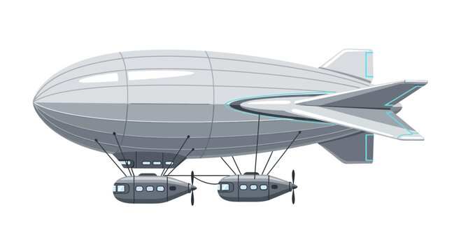 Large silver dirigible airship vehicle flying.