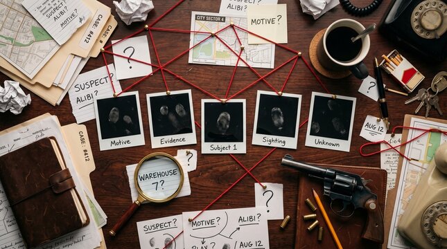 Unraveling the intricate threads of a perplexing mystery, a detailed detective's desk with interconnected clues, suspect photos, and essential investigation tools laid out