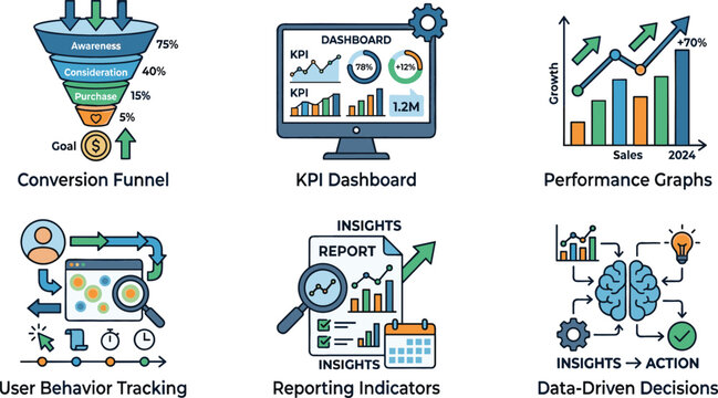 Business data analytics icon set featuring conversion funnel kpi dashboard performance graphs reporting indicators and strategic data-driven decisions.