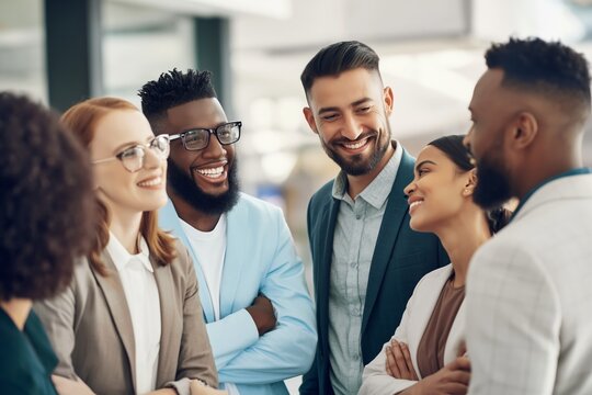 Coworkers smiling and chatting in office