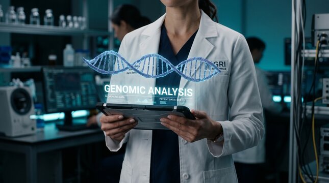 Scientist Analyzing Genomic Data Using Futuristic Holographic Digital DNA Projection in Advanced Research Laboratory