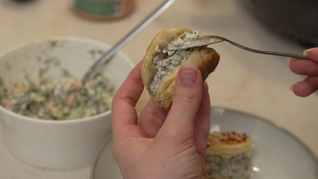 Gourmet Appetizer Puff Pastry Food Preparation Stuffing Creamy Salmon Salad into Flaky Pastry Shells