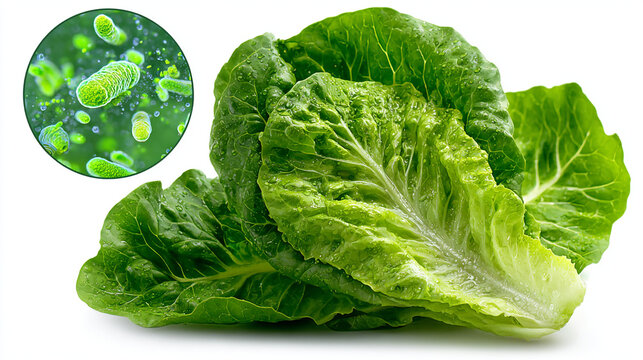 Magnified Inset Circle Showing Microscopic Bacterial Pathogens on Fresh Green Lettuce Surface.