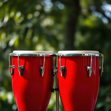 a pair of red bongo drums