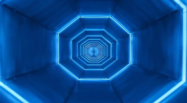Endless Octagonal Tunnel with Bright Blue Neon Lights Creating a Futuristic Abstract Background