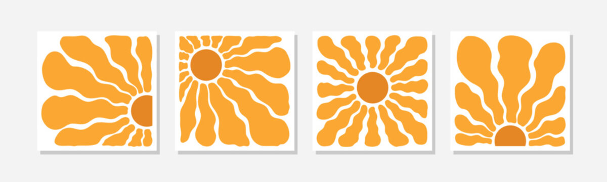 Funky Boho Wavy Sunburst Abstract Wall Art Set with Thick Rounded Rays