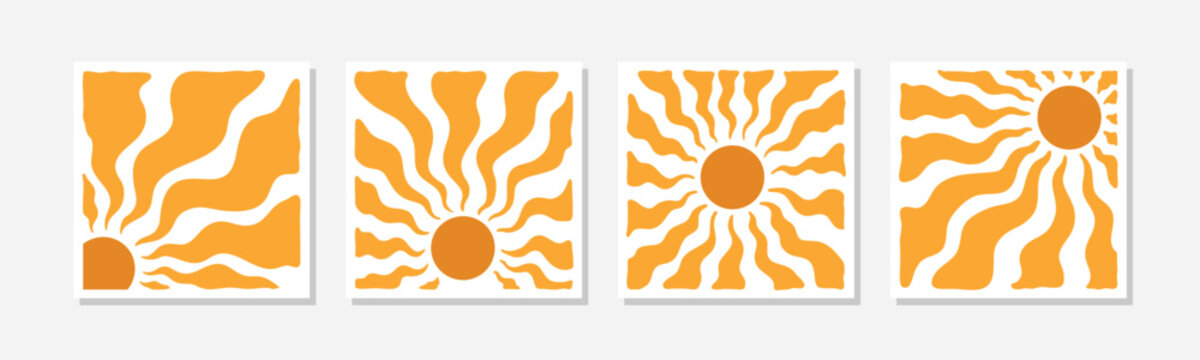 Hand Drawn Minimalist Boho Sunburst Wall Art Set with Dotted Details