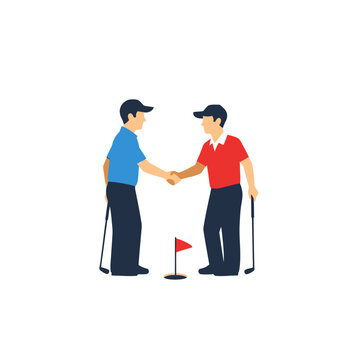 Fair play concept two golfers shake hands near the hole, symbolizing sportsmanship