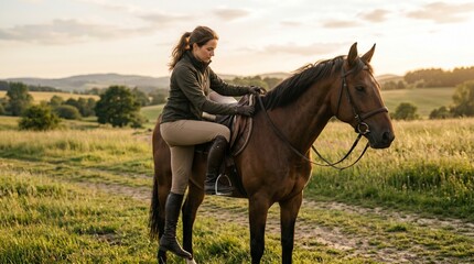 Obraz premium A woman in riding attire sits astride a brown horse in a sun-drenched field at sunset.