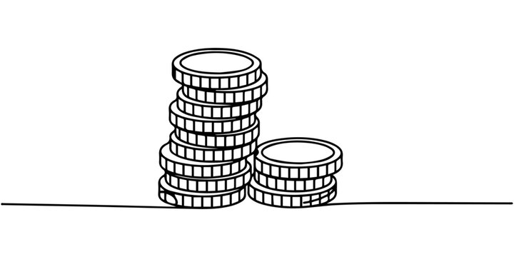 Simple line drawing of two stacks of coins with decorative elements. None editable stroke, Coins stack continuous one line drawing. Coins money in simple linear style. Coins money symbol of financial 