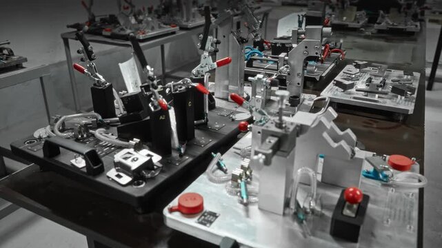 Industrial Fixture With Safety Features. Metal Jigs And Pneumatic Tubing In Workshop Environment