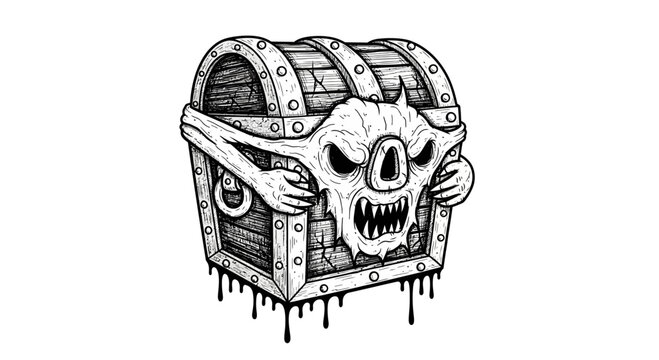 Spooky skull on treasure chest box.
