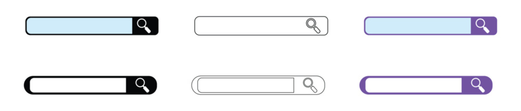 Search bar icons with various colors and designs on white background