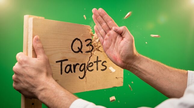 Hands holding cardboard sign with Q3 targets and coins falling