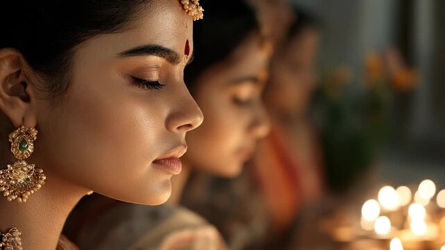 Woman engaging in solemn prayer, experiencing deep spiritual devotion, participating in traditional cultural ceremony, surrounded by warm glowing light.