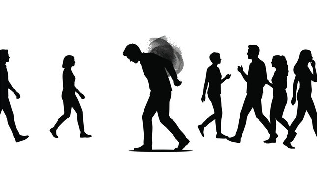 A lonely man walking through a busy crowd while carrying a heavy cloud on his back