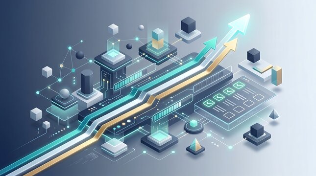 Futuristic 3d isometric illustration of technology and data growth with arrows and circuits