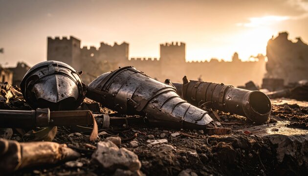 Discarded Medieval Armor Near Castle Ruins at Sunset