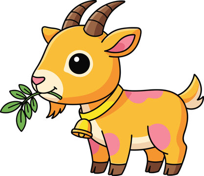 Cute Baby Goat Eating Leaves, Cartoon Character, Animal Illustration, Little Goat with Bell Design