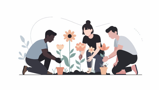 People Planting Flowers Together Outdoors.