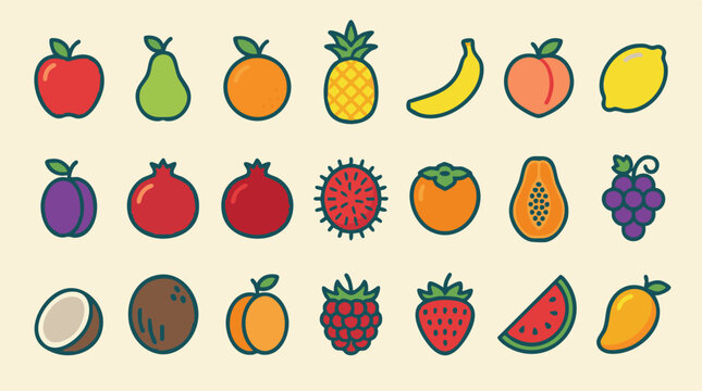 Set of colorful vector fruit icons in flat design style with outlines