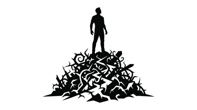 Silhouette of a man standing firmly on top of a large pile of dark tangled thorns
