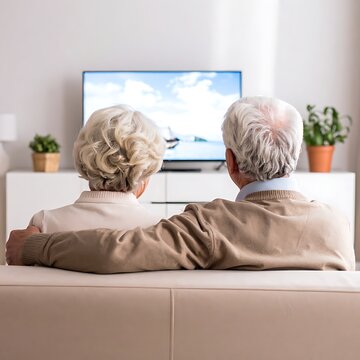 Elderly couple watching TV together.