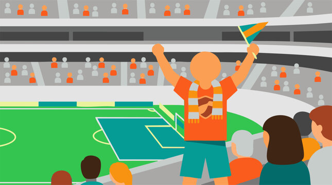 Illustration of a sports fan with flag cheering at a crowded football stadium