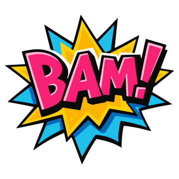 cartoon bam text effect comic book explosion lettering flat color vector illustration template design
