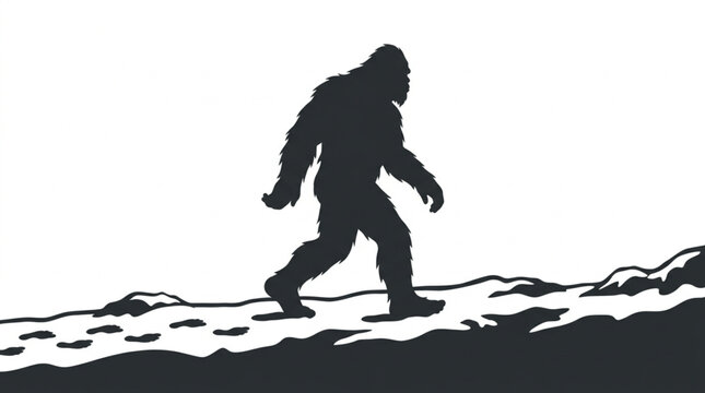 Bigfoot Silhouette Walking on Snowy Ground Vector Illustration