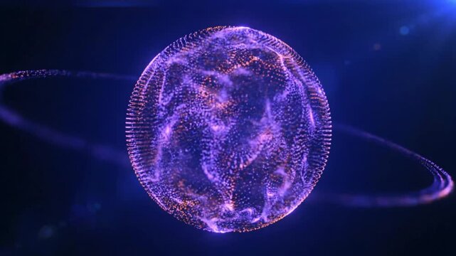 Abstract futuristic purple sphere with orbiting ring and particle effects on dark blue background