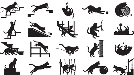 Obraz premium Black cat silhouettes, feline obstacle course icons, 20 cat vector graphics, pet agility illustrations