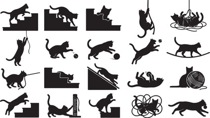 Obraz premium Black cat silhouettes, feline icons, playful kitty graphics, 20 cat shapes