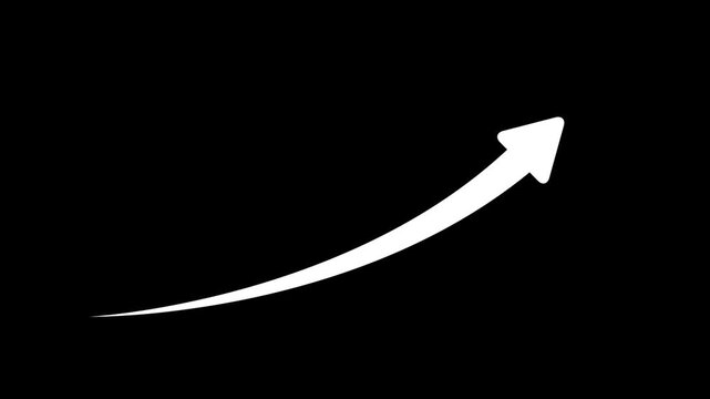 Animated white growing arrow pointing upwards on black background for business success and financial growth concept motion graphics.