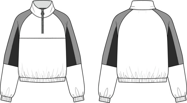 Women Half Zip Windbreaker Fleece Crop Pullover Technical Fashion Flat Sketch Vector with Raglan Sleeves and Elastic Waistband for Apparel Design and Tech Packs