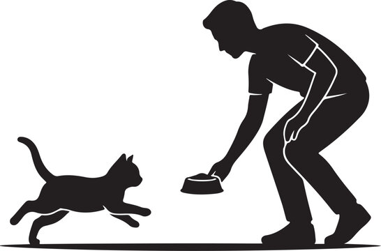 Black silhouette cat, running cat, feeding cat, pet owner, animal lover, vector icon