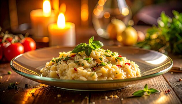 Close up of a medium sized clear glass plate with a serving of risotto, detailing the soft creamy texture.