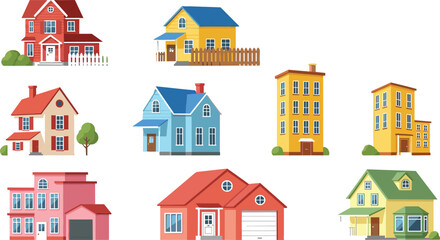 Fototapeta premium Colorful Residential Building Icon Set Featuring Modern Suburban Houses, Multi Story Apartments, and Real Estate Property Architecture for Neighborhood Map and Web Design