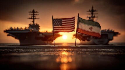 Fototapeta premium Flags of the United States and Iran stand together before a naval backdrop at sunset on the ocean