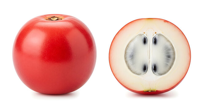 Whole and halved ripe carissa carandas fruit isolated on white background