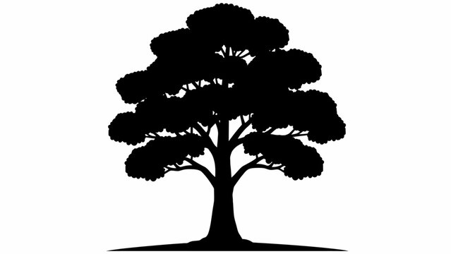 Black tree silhouette vector, oak tree outline with dense foliage, minimalist nature icon on white background, botanical landscape element for logo design EPS