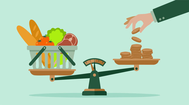Rising food prices and grocery costs illustrated by balance scale with money and food