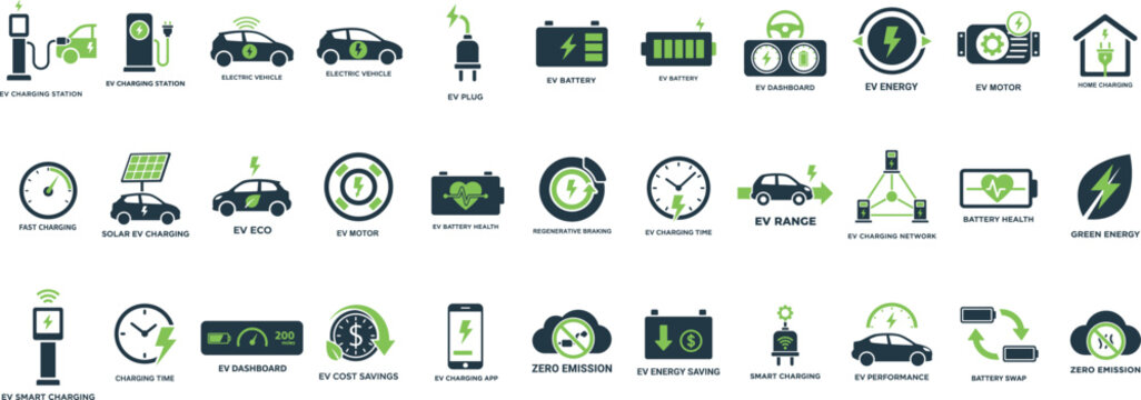 Electric Vehicle EV Charging Station Icons Set - Battery Solar Energy Green Technology Vector