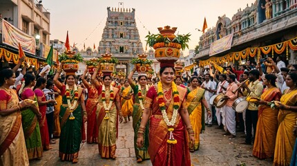 Naklejka premium Women dressed in colorful traditional sarees carry decorated offering pots during a lively Hindu street festival procession in India, surrounded by musicians, dancers, and festive temple celebrations.