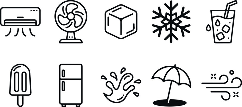 Collection of cool and cold objects icons on transparent background for summer and weather themes.