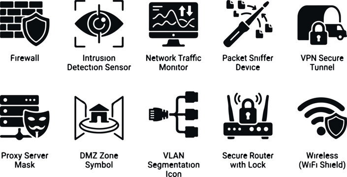 Cyber security icons set for network protection and data safety on transparent background.