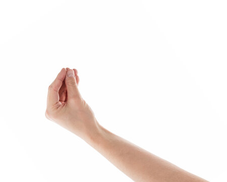 Young adult man hand pick something isolated on white