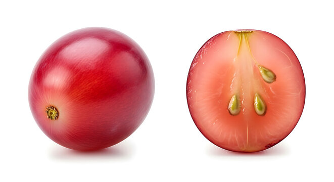 Red grape whole and cut in half isolated on white background